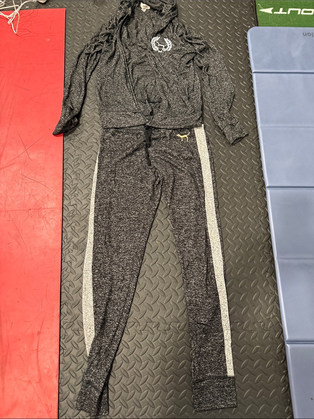 PINK Victoria's Secret Black Marled Leggings with Side Stripes AND Hoodie Zip